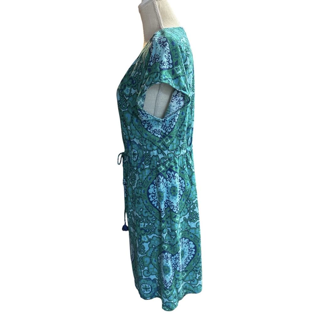 TOMMY BAHAMA Dress Batik Print Knit Green Blue Cap Sleeve Drawstring Waist Large - Picture 5 of 10